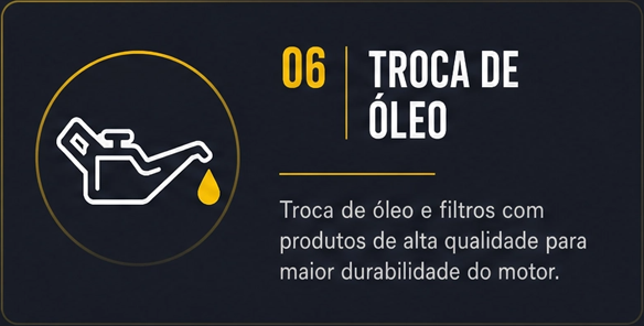 Troca de óleo e filtros com produtos de alta qualidade para maior durabilidade do motor